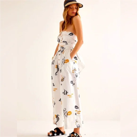 Anthropologie Maeve Sea Creatures Strapless Buttondown Wide-Leg Jumpsuit - Picture 16 of 16